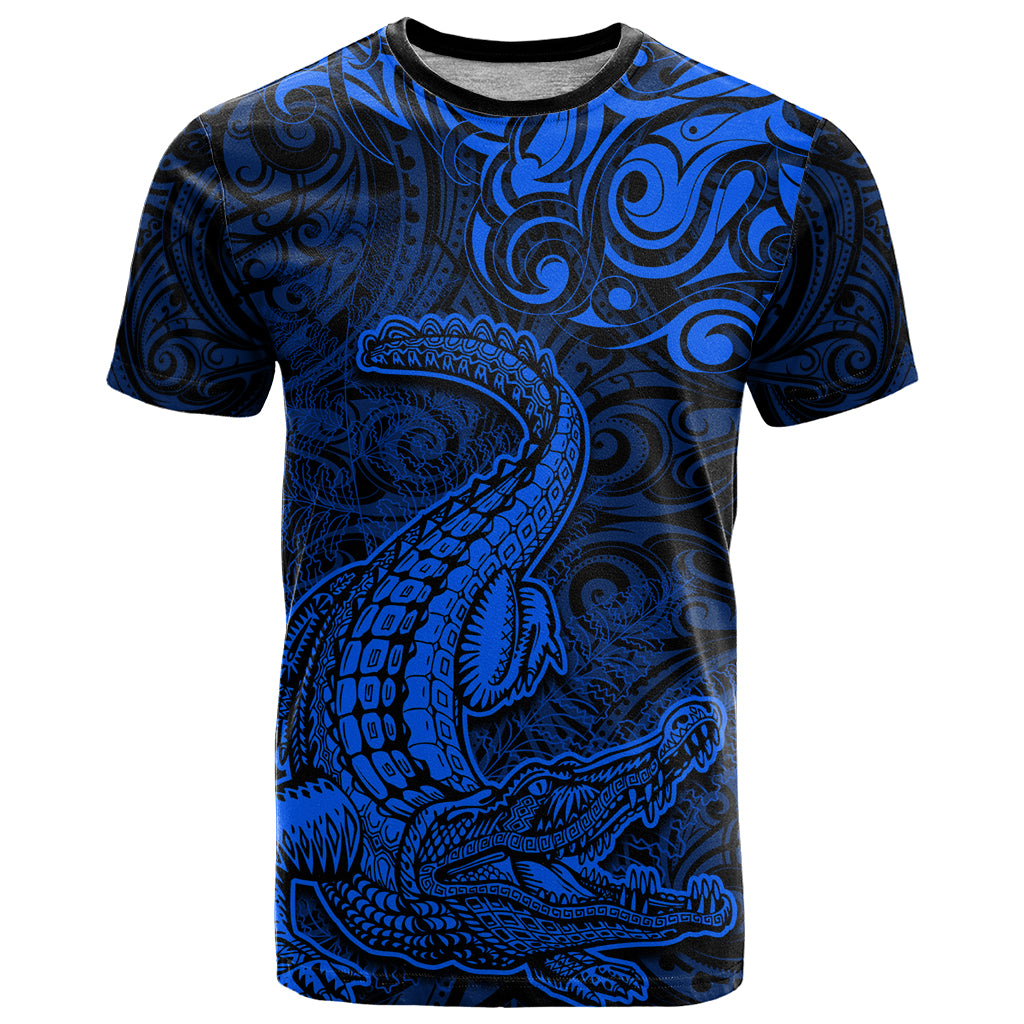 New Zealand Crocodile Tattoo and Fern T Shirt Maori Pattern Blue Color