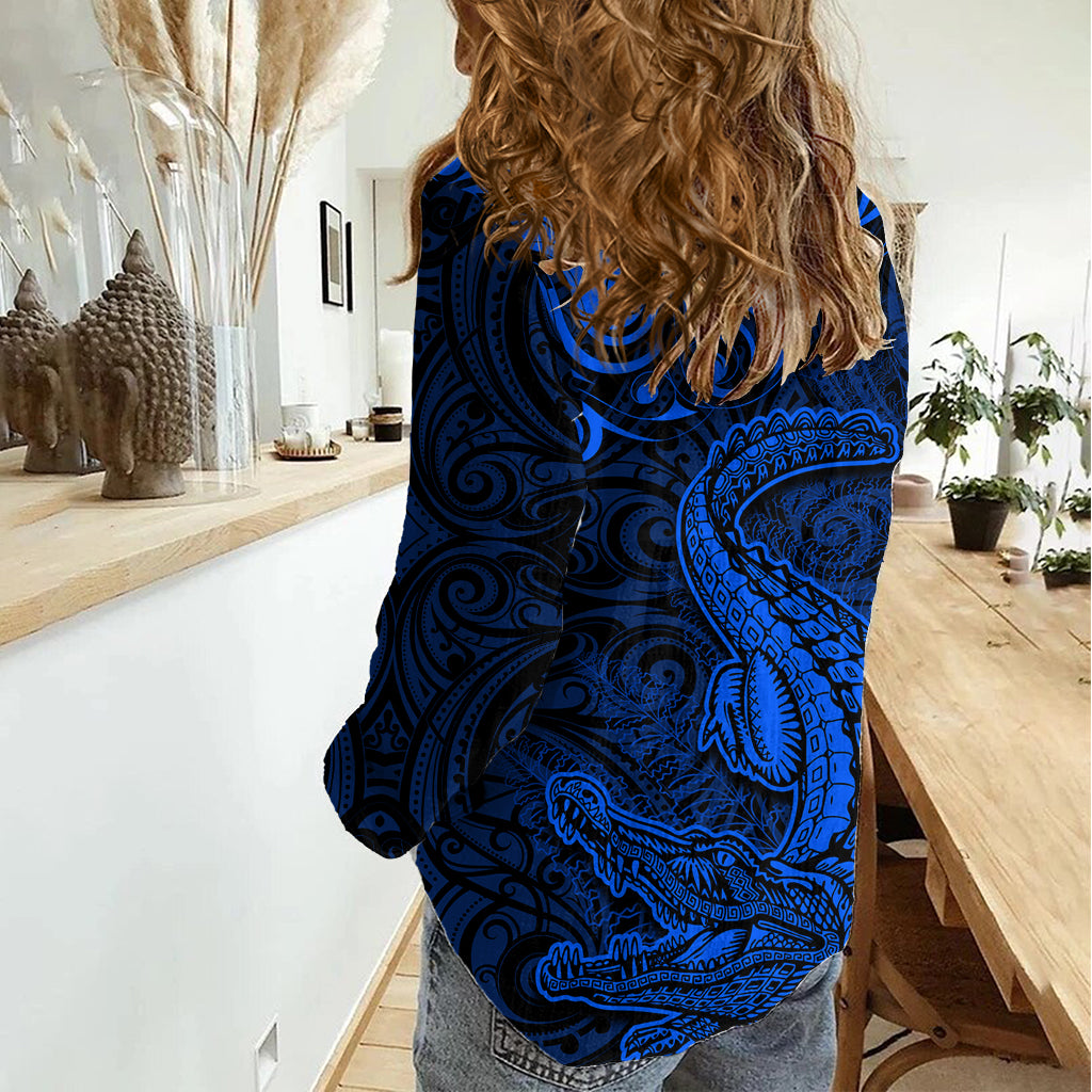 New Zealand Crocodile Tattoo and Fern Women Casual Shirt Maori Pattern Blue Color LT03 - Polynesian Pride