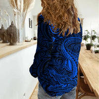 New Zealand Crocodile Tattoo and Fern Women Casual Shirt Maori Pattern Blue Color LT03 - Polynesian Pride