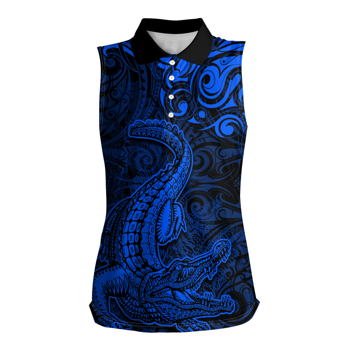 New Zealand Crocodile Tattoo and Fern Women Sleeveless Polo Shirt Maori Pattern Blue Color