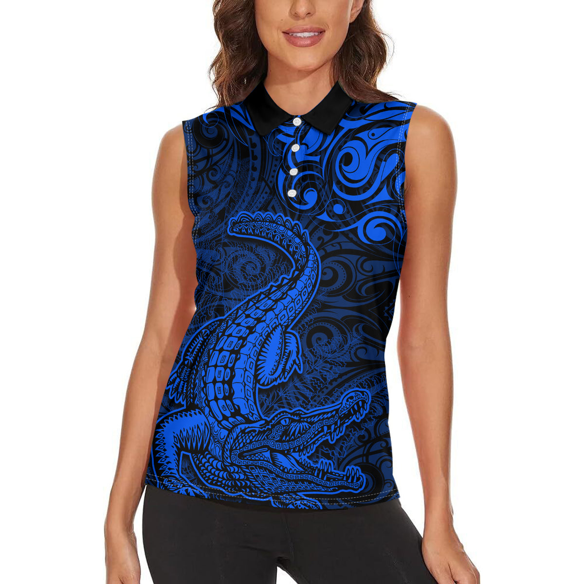New Zealand Crocodile Tattoo and Fern Women Sleeveless Polo Shirt Maori Pattern Blue Color