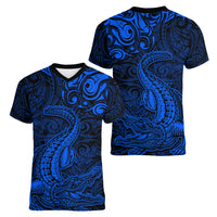 New Zealand Crocodile Tattoo and Fern Women V-Neck T-Shirt Maori Pattern Blue Color