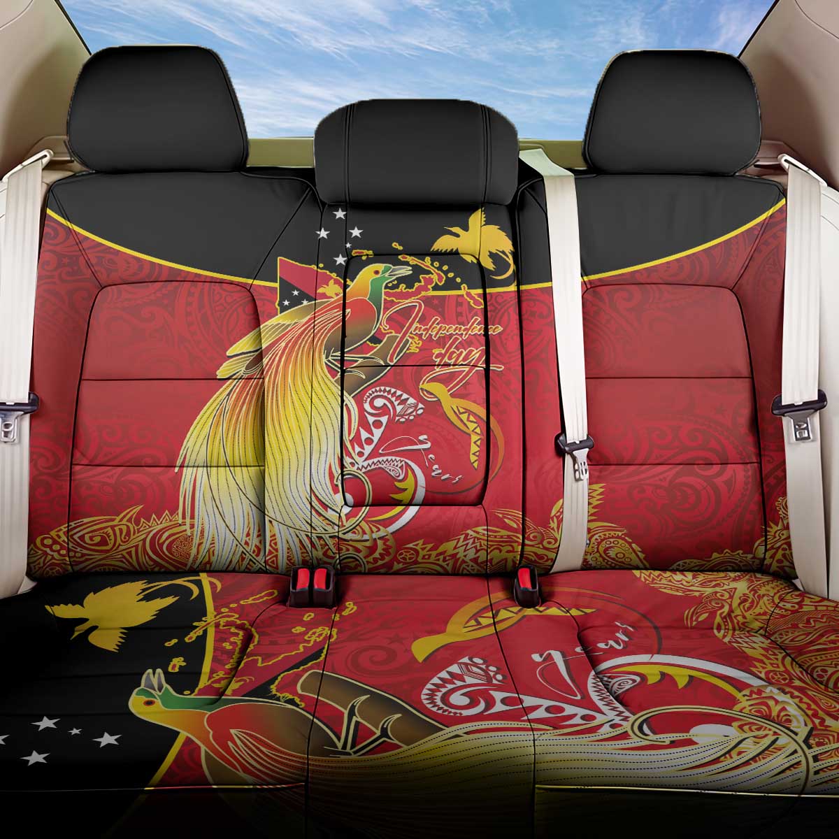 Papua New Guinea Independence Day Back Car Seat Cover Happy Anniversary 50th Bird-of-paradise Melanesian Tattoos LT03 One Size Black - Polynesian Pride