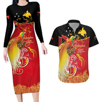 Papua New Guinea Independence Day Couples Matching Long Sleeve Bodycon Dress and Hawaiian Shirt Happy Anniversary 50th Bird-of-paradise Melanesian Tattoos LT03 Black - Polynesian Pride