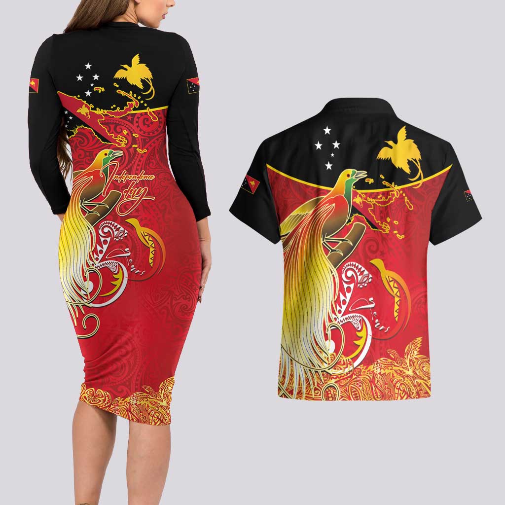 Papua New Guinea Independence Day Couples Matching Long Sleeve Bodycon Dress and Hawaiian Shirt Happy Anniversary 50th Bird-of-paradise Melanesian Tattoos LT03 - Polynesian Pride