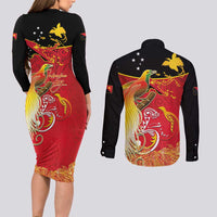 Papua New Guinea Independence Day Couples Matching Long Sleeve Bodycon Dress and Long Sleeve Button Shirt Happy Anniversary 50th Bird-of-paradise Melanesian Tattoos LT03 - Polynesian Pride