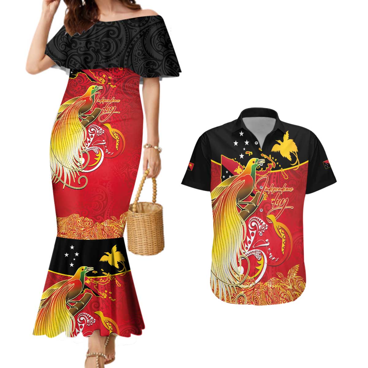Papua New Guinea Independence Day Couples Matching Mermaid Dress and Hawaiian Shirt Happy Anniversary 50th Bird-of-paradise Melanesian Tattoos LT03 Black - Polynesian Pride