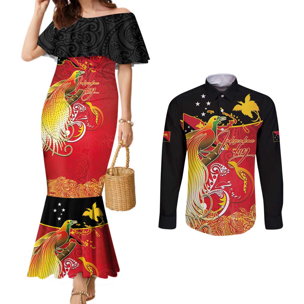 Papua New Guinea Independence Day Couples Matching Mermaid Dress and Long Sleeve Button Shirt Happy Anniversary 50th Bird-of-paradise Melanesian Tattoos LT03 Black - Polynesian Pride