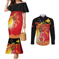 Papua New Guinea Independence Day Couples Matching Mermaid Dress and Long Sleeve Button Shirt Happy Anniversary 50th Bird-of-paradise Melanesian Tattoos LT03 Black - Polynesian Pride