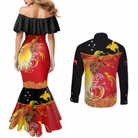 Papua New Guinea Independence Day Couples Matching Mermaid Dress and Long Sleeve Button Shirt Happy Anniversary 50th Bird-of-paradise Melanesian Tattoos LT03 - Polynesian Pride