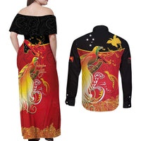 Papua New Guinea Independence Day Couples Matching Off Shoulder Maxi Dress and Long Sleeve Button Shirt Happy Anniversary 50th Bird-of-paradise Melanesian Tattoos LT03 - Polynesian Pride