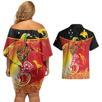Papua New Guinea Independence Day Couples Matching Off Shoulder Short Dress and Hawaiian Shirt Happy Anniversary 50th Bird-of-paradise Melanesian Tattoos LT03 - Polynesian Pride