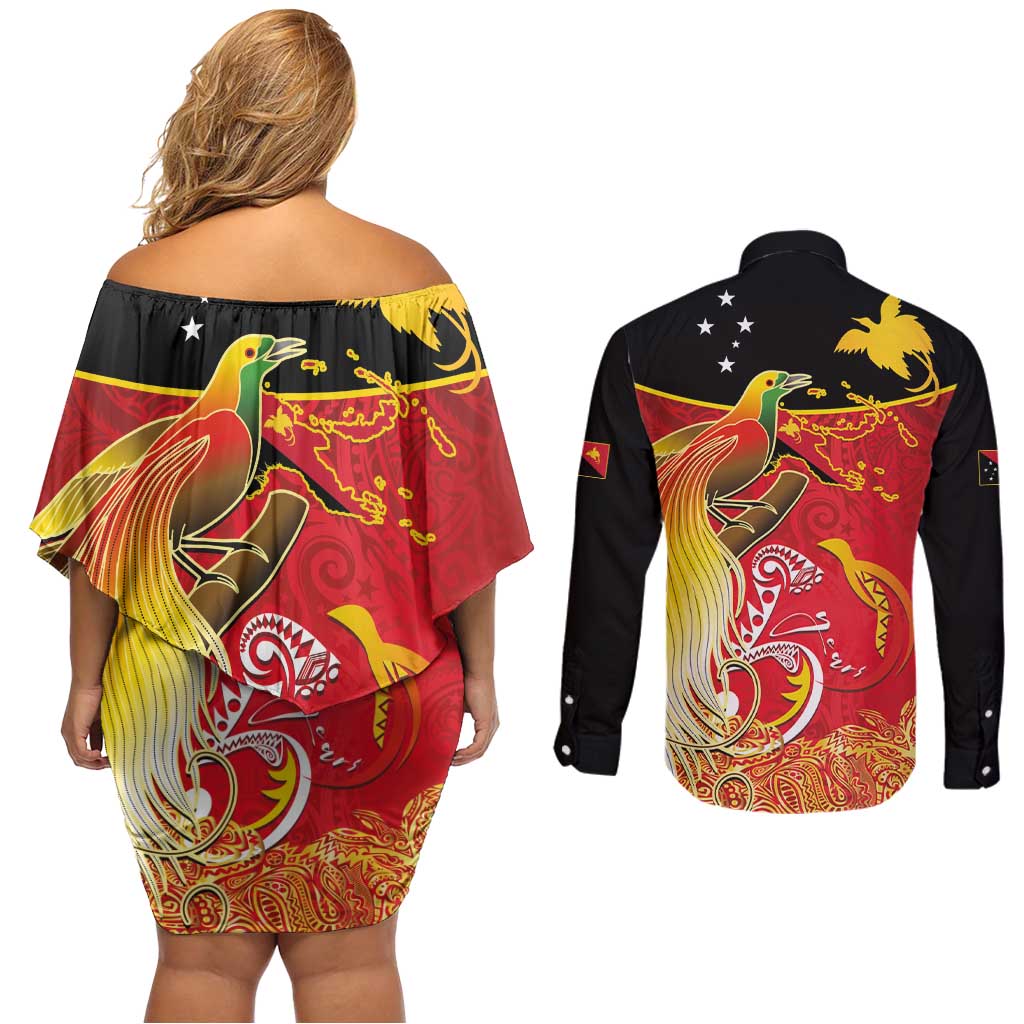 Papua New Guinea Independence Day Couples Matching Off Shoulder Short Dress and Long Sleeve Button Shirt Happy Anniversary 50th Bird-of-paradise Melanesian Tattoos LT03 - Polynesian Pride