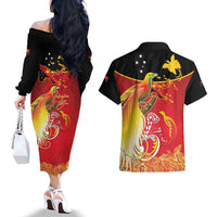Papua New Guinea Independence Day Couples Matching Off The Shoulder Long Sleeve Dress and Hawaiian Shirt Happy Anniversary 50th Bird-of-paradise Melanesian Tattoos LT03 - Polynesian Pride