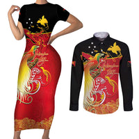 Papua New Guinea Independence Day Couples Matching Short Sleeve Bodycon Dress and Long Sleeve Button Shirt Happy Anniversary 50th Bird-of-paradise Melanesian Tattoos LT03 Black - Polynesian Pride