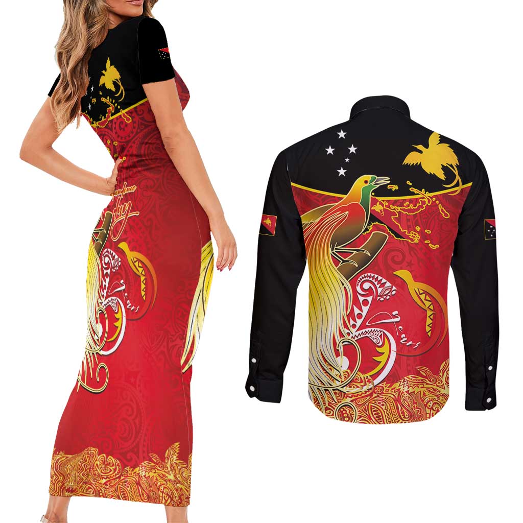 Papua New Guinea Independence Day Couples Matching Short Sleeve Bodycon Dress and Long Sleeve Button Shirt Happy Anniversary 50th Bird-of-paradise Melanesian Tattoos LT03 - Polynesian Pride