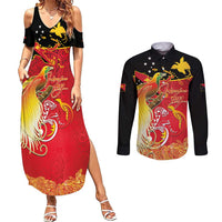Papua New Guinea Independence Day Couples Matching Summer Maxi Dress and Long Sleeve Button Shirt Happy Anniversary 50th Bird-of-paradise Melanesian Tattoos LT03 Black - Polynesian Pride