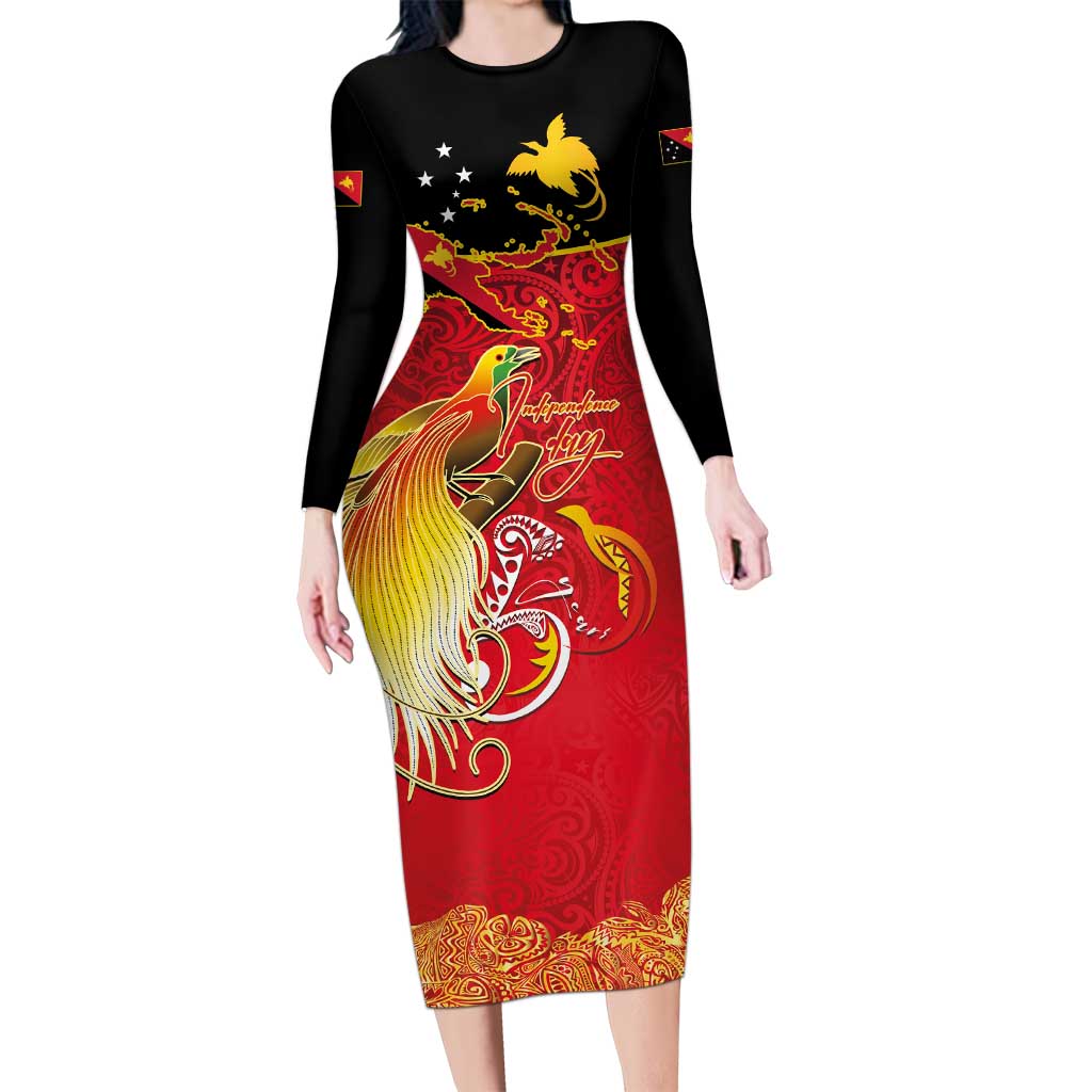 Papua New Guinea Independence Day Family Matching Long Sleeve Bodycon Dress and Hawaiian Shirt Happy Anniversary 50th Bird-of-paradise Melanesian Tattoos LT03 Mom's Dress Black - Polynesian Pride