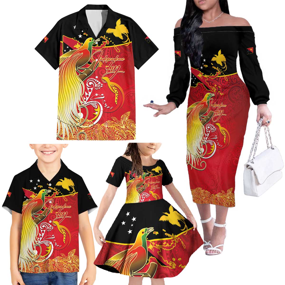Papua New Guinea Independence Day Family Matching Off The Shoulder Long Sleeve Dress and Hawaiian Shirt Happy Anniversary 50th Bird-of-paradise Melanesian Tattoos LT03 - Polynesian Pride