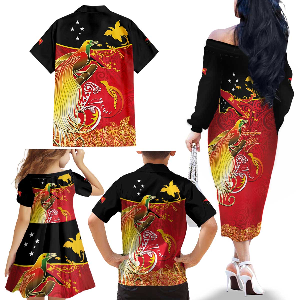 Papua New Guinea Independence Day Family Matching Off The Shoulder Long Sleeve Dress and Hawaiian Shirt Happy Anniversary 50th Bird-of-paradise Melanesian Tattoos LT03 - Polynesian Pride