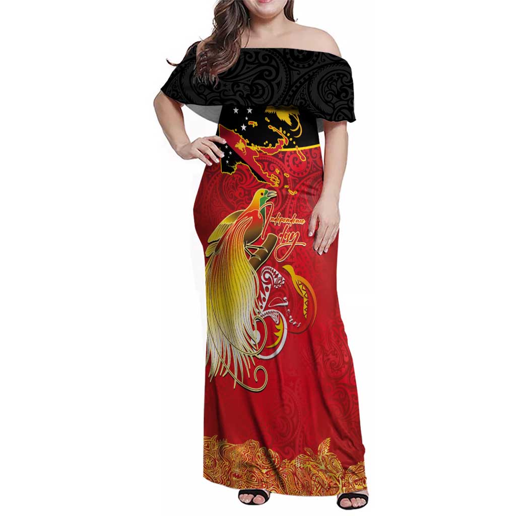 Papua New Guinea Independence Day Family Matching Off Shoulder Maxi Dress and Hawaiian Shirt Happy Anniversary 50th Bird-of-paradise Melanesian Tattoos LT03 Mom's Dress Black - Polynesian Pride