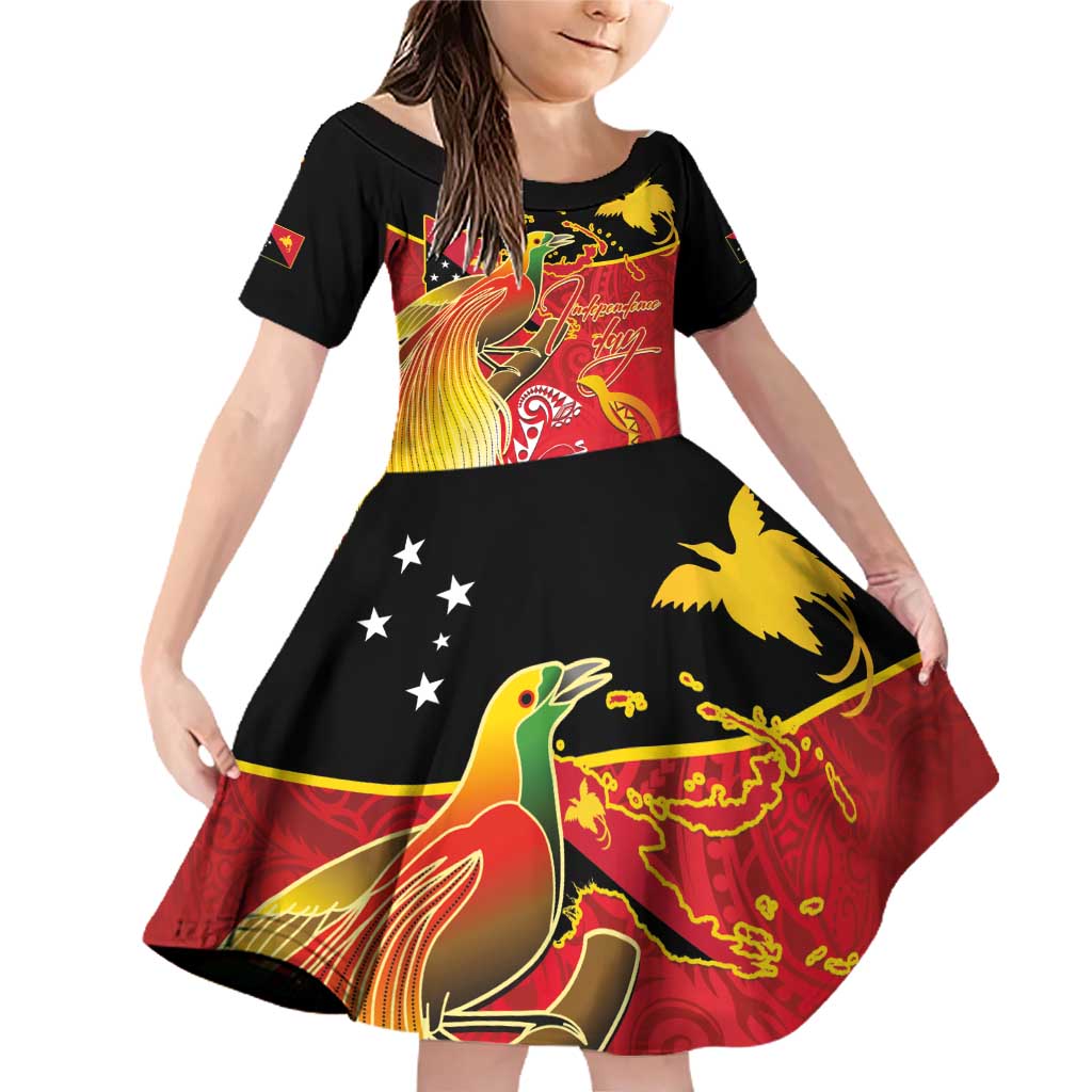 Papua New Guinea Independence Day Family Matching Off Shoulder Short Dress and Hawaiian Shirt Happy Anniversary 50th Bird-of-paradise Melanesian Tattoos LT03 Daughter's Dress Black - Polynesian Pride