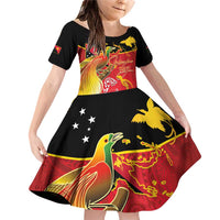 Papua New Guinea Independence Day Family Matching Off Shoulder Short Dress and Hawaiian Shirt Happy Anniversary 50th Bird-of-paradise Melanesian Tattoos LT03 Daughter's Dress Black - Polynesian Pride