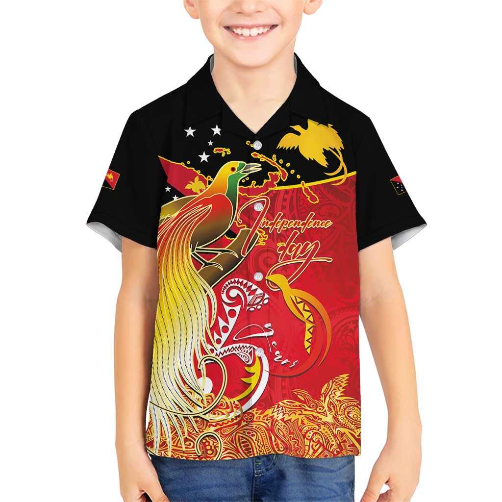 Papua New Guinea Independence Day Family Matching Puletasi and Hawaiian Shirt Happy Anniversary 50th Bird-of-paradise Melanesian Tattoos LT03 Son's Shirt Black - Polynesian Pride