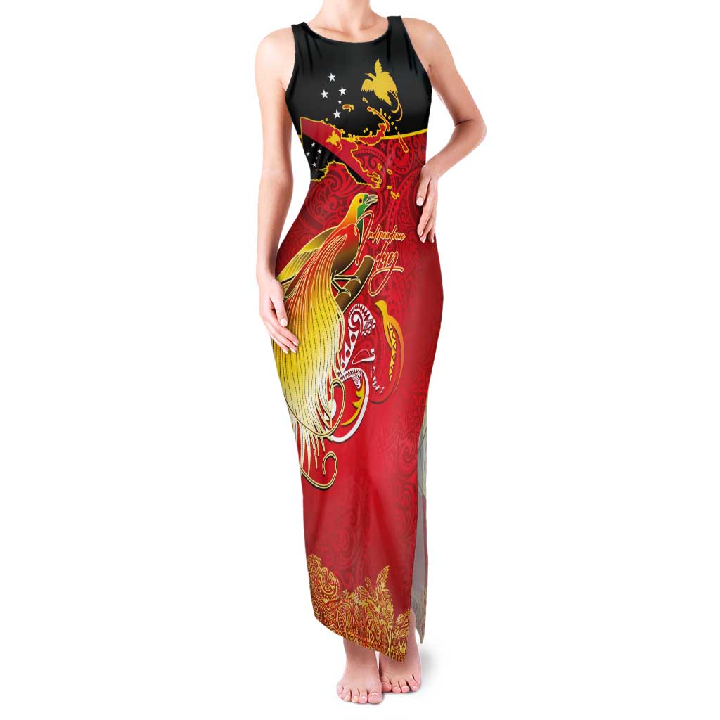 Papua New Guinea Independence Day Family Matching Tank Maxi Dress and Hawaiian Shirt Happy Anniversary 50th Bird-of-paradise Melanesian Tattoos LT03 Mom's Dress Black - Polynesian Pride