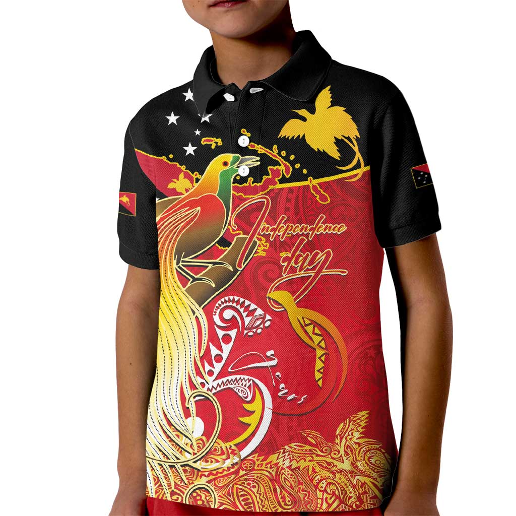 Papua New Guinea Independence Day Kid Polo Shirt Happy Anniversary 50th Bird-of-paradise Melanesian Tattoos LT03 Kid Black - Polynesian Pride