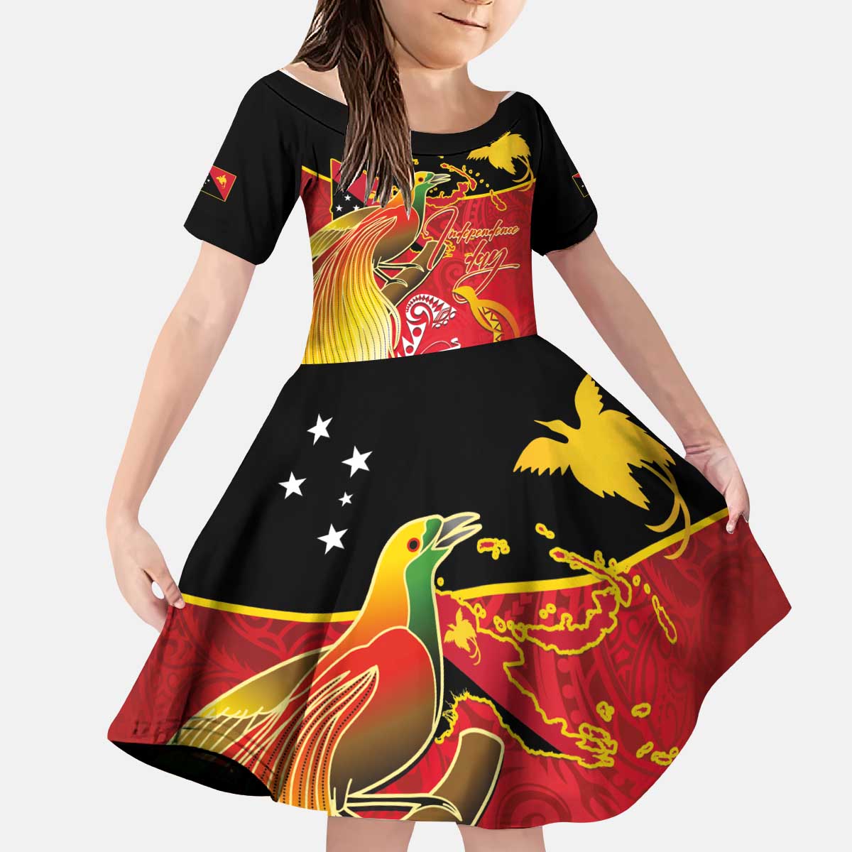 Papua New Guinea Independence Day Kid Short Sleeve Dress Happy Anniversary 50th Bird-of-paradise Melanesian Tattoos LT03 KID Black - Polynesian Pride