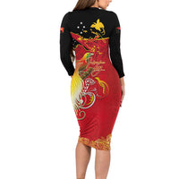 Papua New Guinea Independence Day Long Sleeve Bodycon Dress Happy Anniversary 50th Bird-of-paradise Melanesian Tattoos LT03 - Polynesian Pride