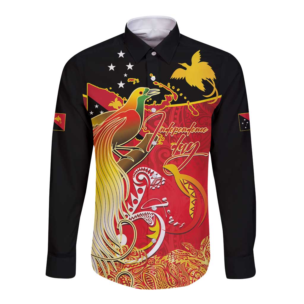Papua New Guinea Independence Day Long Sleeve Button Shirt Happy Anniversary 50th Bird-of-paradise Melanesian Tattoos LT03 Unisex Black - Polynesian Pride