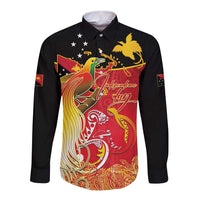 Papua New Guinea Independence Day Long Sleeve Button Shirt Happy Anniversary 50th Bird-of-paradise Melanesian Tattoos LT03 Unisex Black - Polynesian Pride