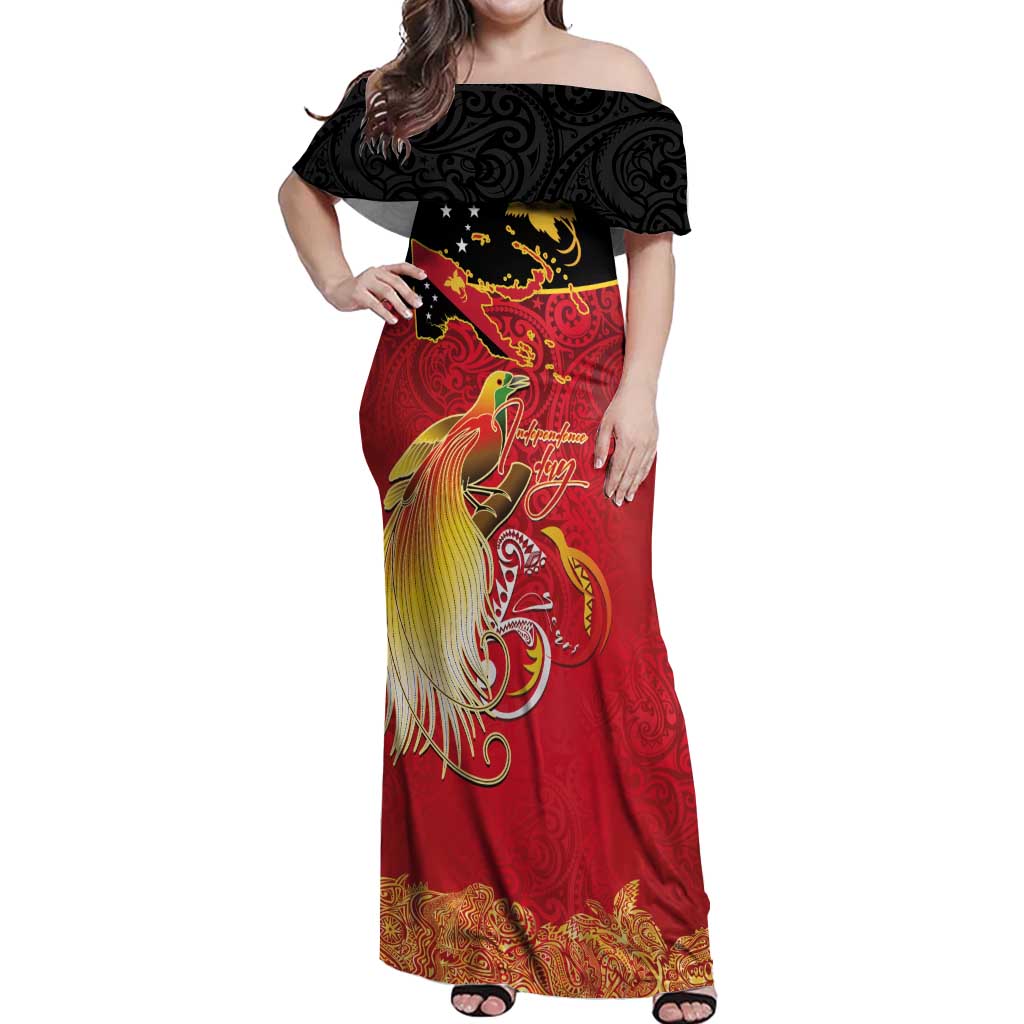 Papua New Guinea Independence Day Off Shoulder Maxi Dress Happy Anniversary 50th Bird-of-paradise Melanesian Tattoos LT03 Women Black - Polynesian Pride