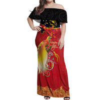 Papua New Guinea Independence Day Off Shoulder Maxi Dress Happy Anniversary 50th Bird-of-paradise Melanesian Tattoos LT03 Women Black - Polynesian Pride