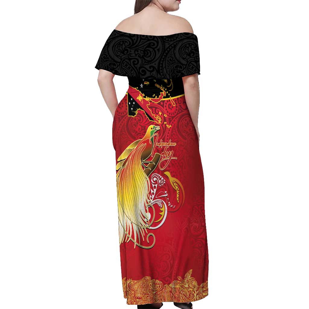 Papua New Guinea Independence Day Off Shoulder Maxi Dress Happy Anniversary 50th Bird-of-paradise Melanesian Tattoos LT03 - Polynesian Pride