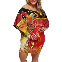Papua New Guinea Independence Day Off Shoulder Short Dress Happy Anniversary 50th Bird-of-paradise Melanesian Tattoos LT03 Women Black - Polynesian Pride