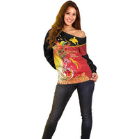 Papua New Guinea Independence Day Off Shoulder Sweater Happy Anniversary 50th Bird-of-paradise Melanesian Tattoos - Polynesian Pride