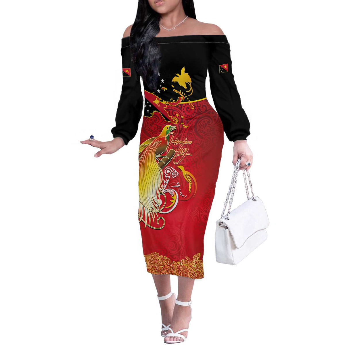 Papua New Guinea Independence Day Off The Shoulder Long Sleeve Dress Happy Anniversary 50th Bird-of-paradise Melanesian Tattoos LT03 Women Black - Polynesian Pride