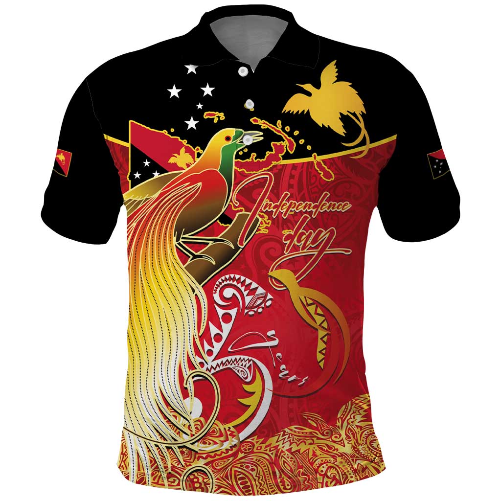 Papua New Guinea Independence Day Polo Shirt Happy Anniversary 50th Bird-of-paradise Melanesian Tattoos LT03 Black - Polynesian Pride