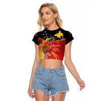 Papua New Guinea Independence Day Raglan Cropped T Shirt Happy Anniversary 50th Bird-of-paradise Melanesian Tattoos LT03 Female Black - Polynesian Pride