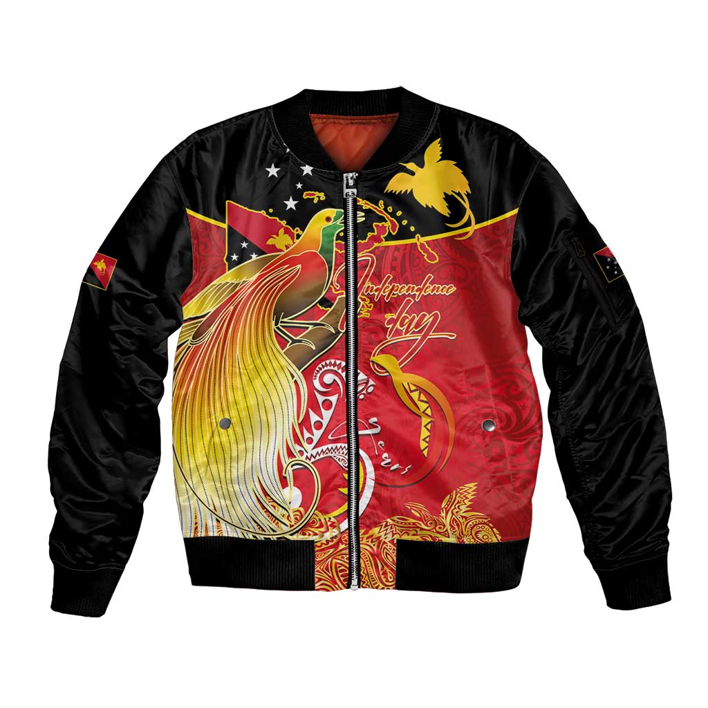Papua New Guinea Independence Day Sleeve Zip Bomber Jacket Happy Anniversary 50th Bird-of-paradise Melanesian Tattoos - Polynesian Pride
