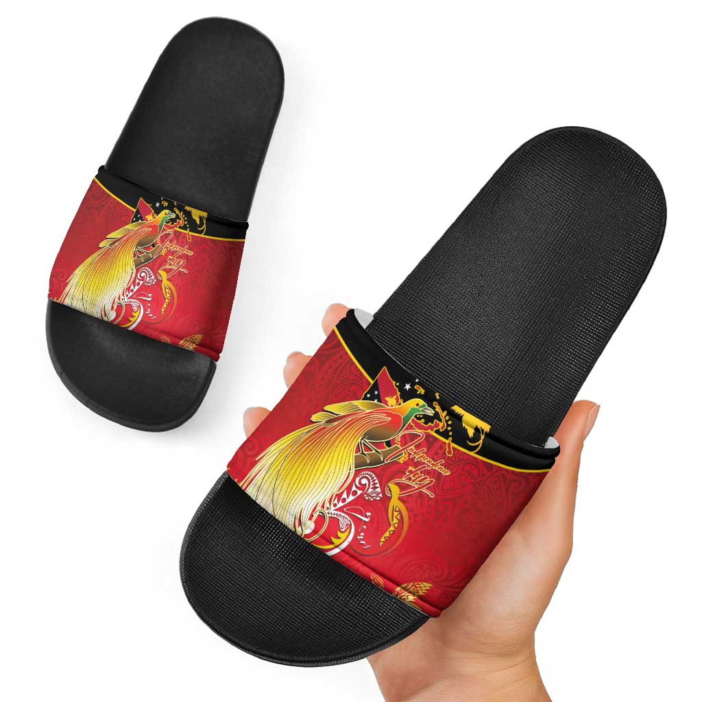 Papua New Guinea Independence Day Slide Sandals Happy Anniversary 50th Bird-of-paradise Melanesian Tattoos - Polynesian Pride