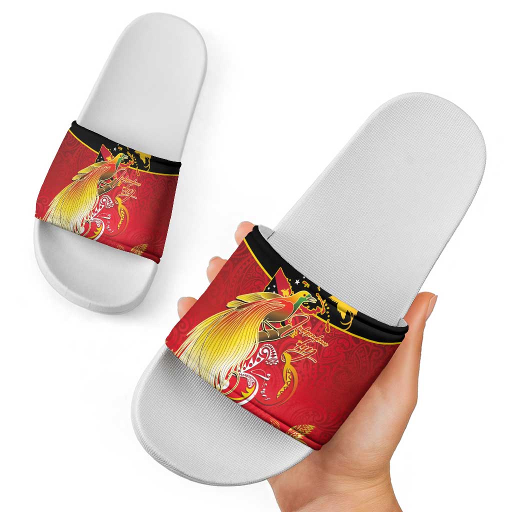 Papua New Guinea Independence Day Slide Sandals Happy Anniversary 50th Bird-of-paradise Melanesian Tattoos - Polynesian Pride