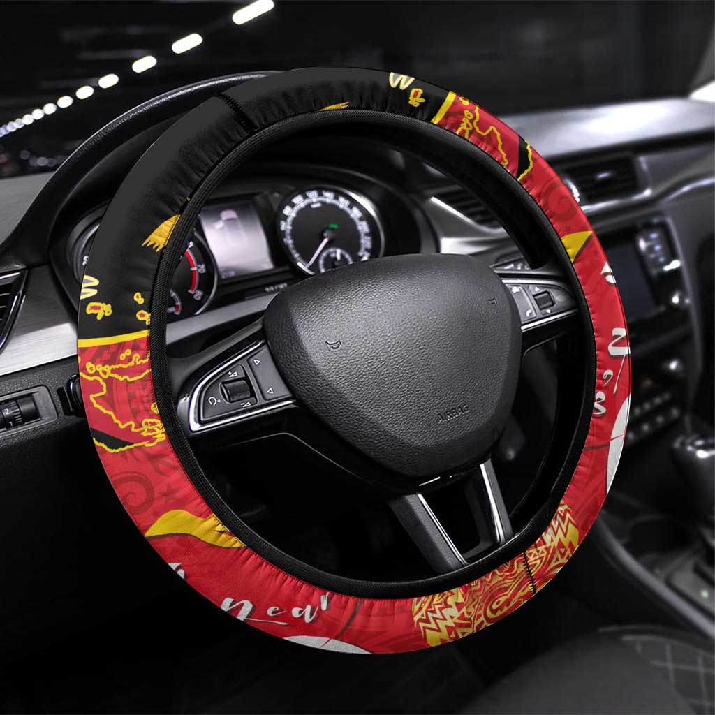 Papua New Guinea Independence Day Steering Wheel Cover Happy Anniversary 50th Bird-of-paradise Melanesian Tattoos LT03 Universal Fit Black - Polynesian Pride