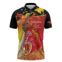 Papua New Guinea Independence Day Zipper Polo Shirt Happy Anniversary 50th Bird-of-paradise Melanesian Tattoos LT03 Black - Polynesian Pride
