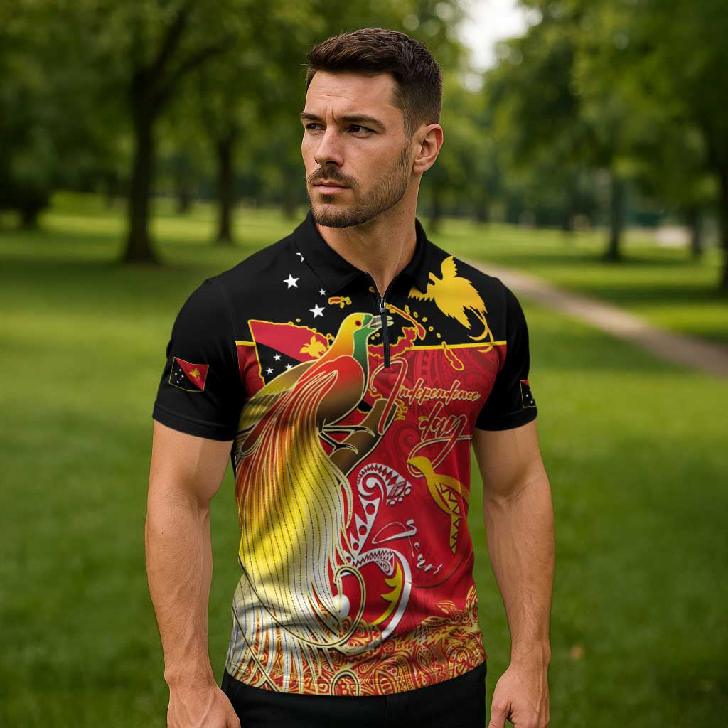 Papua New Guinea Independence Day Zipper Polo Shirt Happy Anniversary 50th Bird-of-paradise Melanesian Tattoos LT03 - Polynesian Pride