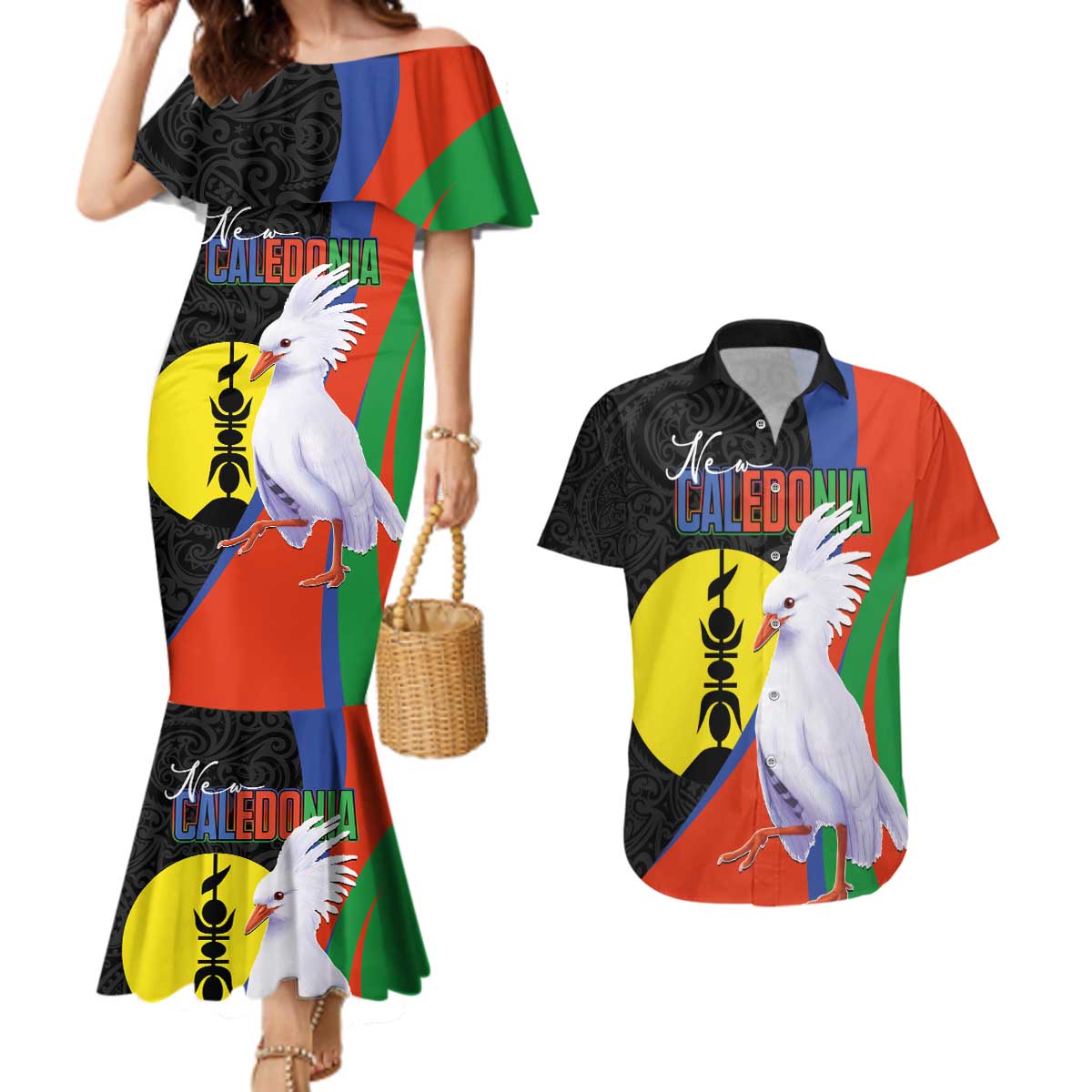 New Caledonia Couples Matching Mermaid Dress and Hawaiian Shirt Kagu Bird and The Seal with Melanesian Culture LT03 Black - Polynesian Pride