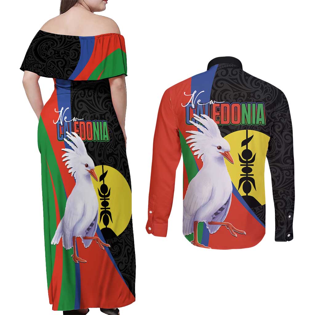 New Caledonia Couples Matching Off Shoulder Maxi Dress and Long Sleeve Button Shirt Kagu Bird and The Seal with Melanesian Culture LT03 - Polynesian Pride